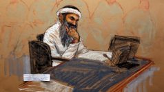 Chálíd Šajch Muhammad v soudní síni na kresbě schválené americkými bezpečnostními složkami