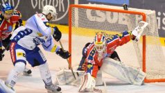 Utkání 11. kola hokejové extraligy HC ČSOB Pojišťovna Pardubice - HC Kometa Brno 12. října v Pardubicích. Obránce Komety Tomáš Žižka (vlevo) a pardubický brankář Dušan Salfický.