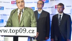 Senátní a krajské volby 2012, klub TOP 09,(zleva) Karel Schwarzenberg, Miroslav Kalousek a Jaromír Drábek