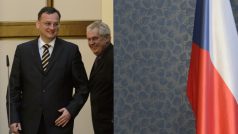 Úvahu o úřednické vládě potvrdil prezident Miloš Zeman po jednání tripartity - na snímku s premiérem v demisi Petrem Nečasem