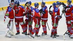 Utkání Kontinentální hokejové ligy Lev Praha - Novosibirsk hrané 19. ledna v Praze. Hráči Lva se radují z vítězství.