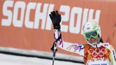 Šárka Strachová po dojezdu superkombinačního slalomu v Soči