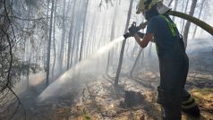U Dobříva na Rokycansku hoří les. Požár pomáhají hasit dva vrtulníky, hasiči