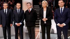 Zleva: Francois Fillon, Emmanuel Macron, Jean-Luc Melenchon, Marine Le Pen a Benoit Hamon