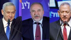 Zleva Benjamin Netanjahu, Avigdor Lieberman a Benny Ganc