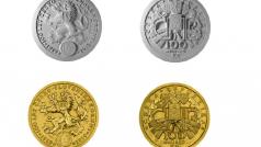Mince v nominální hodnotě 100 milionů korun ke 100. výročí vzniku československé koruny. Nahoře je umělecký návrh, dole zlatá mince s hmotností 130 kilogramů
