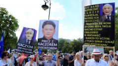 &quot;Pryč s kačerem, diktátorem!&quot; stálo na jednom z transparentů na demonstraci proti změnám v soudnictví, které prosazuje polská vládní strana Právo a spravedlnost.