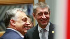 Maďarský premiér Viktor Orbán a český premiér Andrej Babiš na evropském summitu v Bruselu 14. prosince 2017