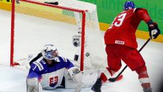 Český útočník Dmitrij Jaškin dává vítězný gól slovenskému brankáři Marku Čiliakovi na Mistrovství světa v hokeji v Kodani.
