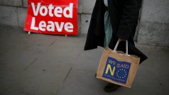 Řekli jsme ne jednotnému trhu, stojí na tašce a transparentu zastánců brexitu v Londýně