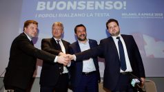 Schůzka nacionalistických a protiimigračních stran v Miláně, na snímku Matteo Salvini, Jörg Meuthen, Olli Kotro a Anders Vistisen