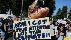 Na Kypru se jeden z protestujících převlékl za tyranosaura. „Teď, když mám vaši pozornost, pojďme se bavit o klimatu!!!“