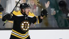 BradMarchand z Bostonu Bruins slaví gól v zápase proti Pittsburghu
