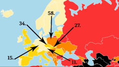 Umístění Česka a sousedních zemí v žebříčku Reportérů bez hranic pro rok 2018.