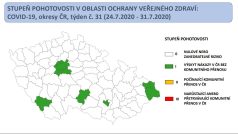 První semafor Česka vycházející z dat k 31. týdnu. Zelených je devět okresů.