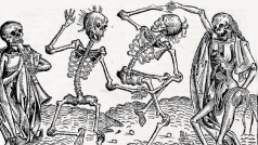 Danse macabre, dřevoryt slavného německého malíře a grafika Michaela Wolgemuta (1434-1519). Motiv tance smrti, který zdůrazňuje pomíjivost pozemského žití, v evropském umění obzvlášť vzkvétal v dobách velkých morových ran. Stejně tak kostliví jezdci byli v minulosti chápáni jako zlovolná předzvěst nemoci, nebo rovnou její roznašeči.