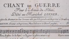Jeden z prvních notových zápisů písně Marseillaisa (ještě pod názvem „Bojová píseň rýnské armády“)