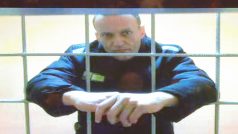 Uvězněný opoziční předák Alexej Navalnyj na obrazovce u soudu