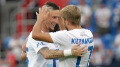 Utkání 7. kola první fotbalové ligy: FC Baník Ostrava - 1. FC Slovácko. Zleva ostravští Jiří Fleišman a Nemanja Kuzmanovič.