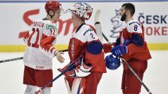 Hokejisté se zdraví po vzájemném utkání. (zleva) Rus Vasilij Podkolzin, brankář Jakub Dostál a kapitán českého týmu Libor Zábranský