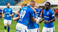 Utkání 7. kola první fotbalové ligy: FK Teplice - Baník Ostrava, 11. září 2021 v Teplicích. Hráči Ostravy se radují.