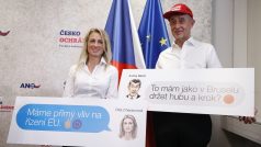 Premiér a předseda hnutí ANO Andrej Babiš a europoslankyně Dita Charanzová při zahájení kampaně do voleb do Evropského parlamentu.