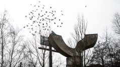 Nad mostem krouží zmatené hejno vyhnané ze svého betonového holubníku.