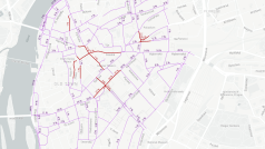 Kterými ulicemi v centru Prahy projíždí nejvíc cyklistů? Červeně vyznačené jsou ty, kde by měl platit pro kola zákaz vjezdu přes den od 10 do 18 hodin.