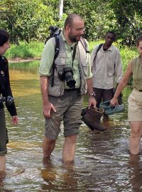 Petra Hanzelkova, Miroslav Bobek, and Andrea Turkalo on their way to watch elephants in Dzanga Sangha.