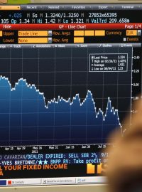 Obchodník v Intesa Sanpaolo bank v Miláně. Burza. Ekonomika