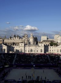 A general view of the men&#039;s beach volleyball preliminary match between Norway and Brazil at the Horse Guards Parade during the London 2012 Olympic Games July 28, 2012