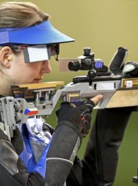 Czech Republic&#039;s Adéla Sýkorová  competes on the Women&#039;s 50m rifle 3 positions qualification at the Royal Artillery Barracks during the London  2012 Olympic Games