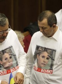 Ukrajinští opoziční poslanci během projednávání zákona, který má umožnit léčbu J. Tymošenkové v cizině