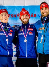 Stupně vítězů na MČR v biatlonu, zleva Ondřej Moravec, Michal Šlesingr a Matěj Krupčík