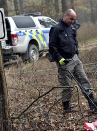 Policista předvádí postup při pyrotechnickém průzkumu. Boří les mezi Břeclaví a Valticemi chtějí Lesy ČR vyčistit do osmi až deseti let