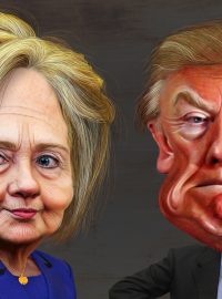 Karikatura Hillary Clintonové a Donalda Trumpa