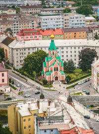Výhled na pravoslavný chrám svatého Gorazda v Olomouci a stejnojmenné náměstí