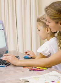 Děti, počítač, internet, rodič, matka
