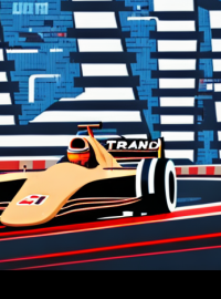 Ilustrace vygenerovaná ve Stable Diffusion na základě zadání „F1 Grand Prix race on a street race track, fast F1 cars, a dark dystopian metropolis, night race, artificial light, skyscapers, palm trees, illustration in the style of a 1980s video game“