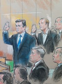 Paul Manafort a Rick Gates na skice od federálního soudu ve Washingtonu 30. října