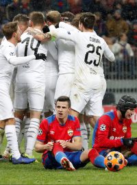 Radost plzeňských fotbalistů po vítězství nad CSKA Moskva