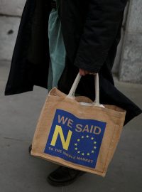 Řekli jsme ne jednotnému trhu, stojí na tašce a transparentu zastánců brexitu v Londýně