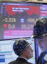 Ukazatel indexu Dow Jones na burze v New Yorku. Akcie kvůli obavám z koronaviru zažily největší týdenní propad od finanční krize v roce 2008