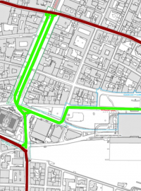 Nová linka tramvaje (zeleně), která povede z Vinohradské ulice a u Národního muzea se rozdělí na směr na Václavské náměstí a na hlavní nádraží