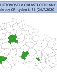 První semafor Česka vycházející z dat k 31. týdnu. Zelených je devět okresů.