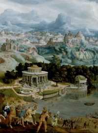 Sedm starověkých divů světa jako pozadí únosu krásné Heleny Paridem; obraz Maertena van Heemskercka (1498-1574).