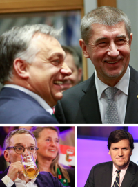 Horní řada zleva: maďarský premiér Viktor Orbán, Andrej Babiš, slovenský ministr práce Milan Krajniak a lídr francouzského Národního sdružení Jordan Bardella. Spodní řada zleva: lídr rakouské FPÖ Herbert Kickl, bývalý moderátor a komentátor Fox News Tucker Carlson a slovinský expremiér Janez Janša