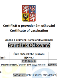 Vzorový certifikát o provedeném očkování proti covid-19.