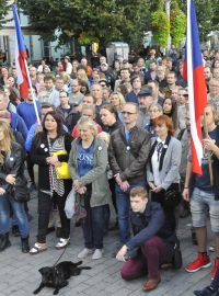 Lidé se sešli 28. září 2019 na brněnském náměstí Svobody na akci Kroky pro demokracii, kde demonstrovali proti předsedovi vlády Andreji Babišovi (ANO).