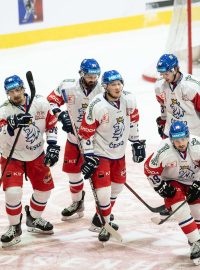 Česká hokejová reprezentace se raduje ze vstřeleného gólu do branky Německa